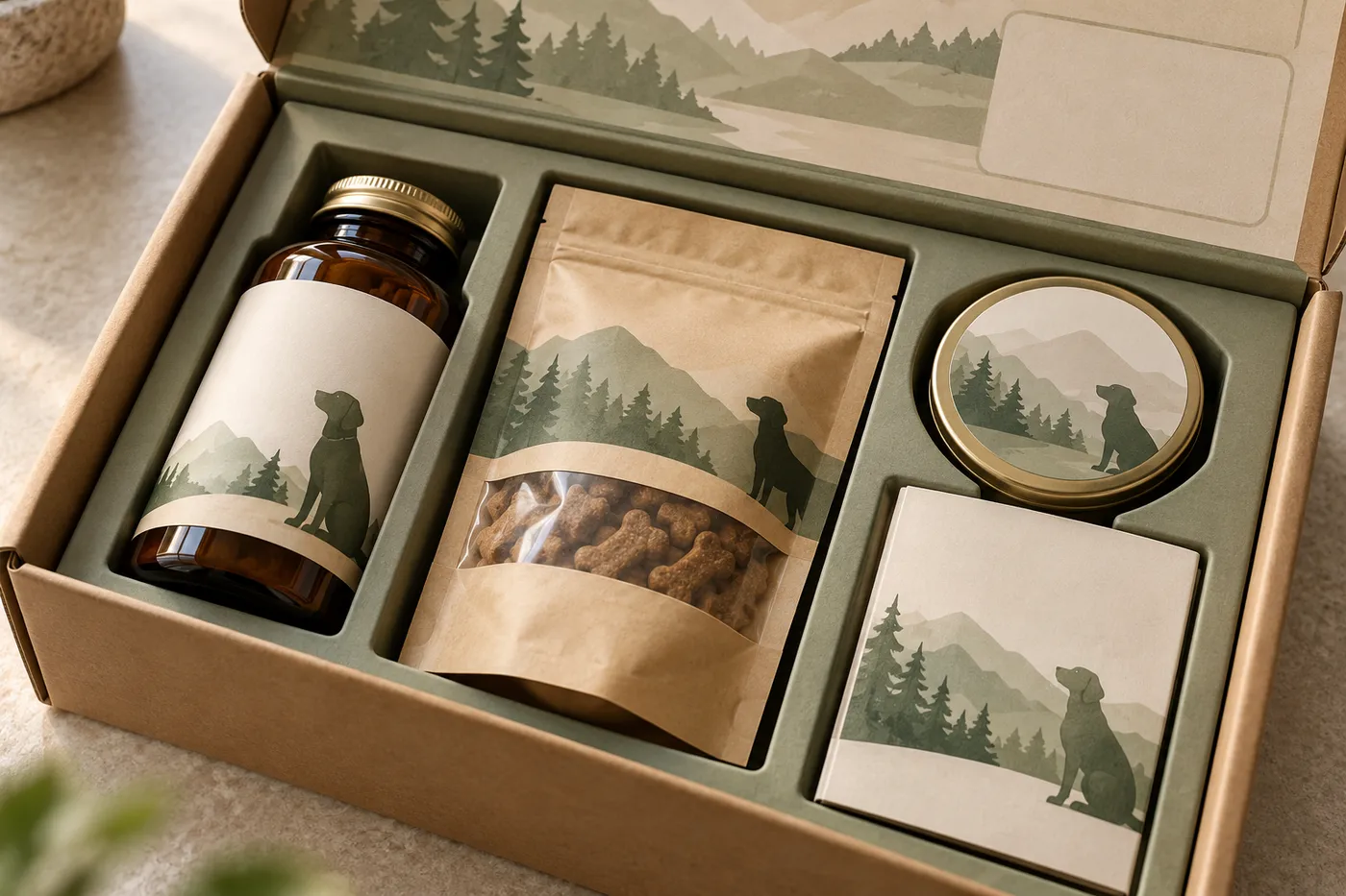 Close view of a pet supplement insert separating bottle, pouch, tin, and guide.