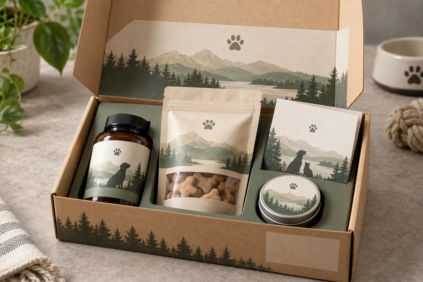 Open pet supplement carton with bottle, treat pouch, tin, and care guide.