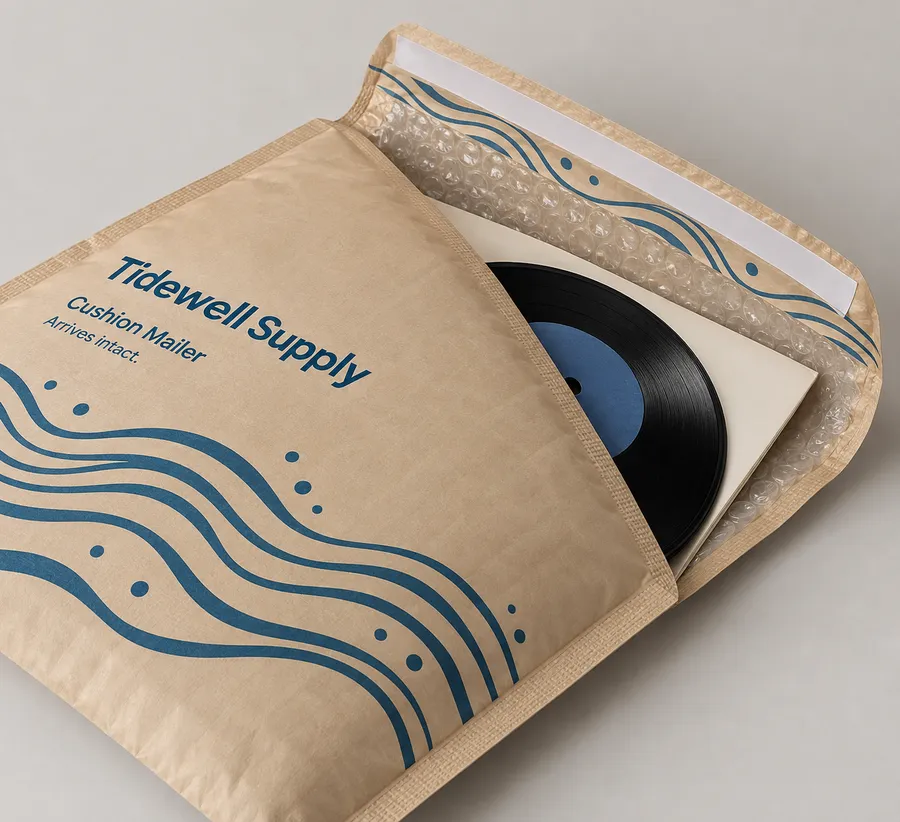 Opened padded record mailer with bubble lining and vinyl jacket