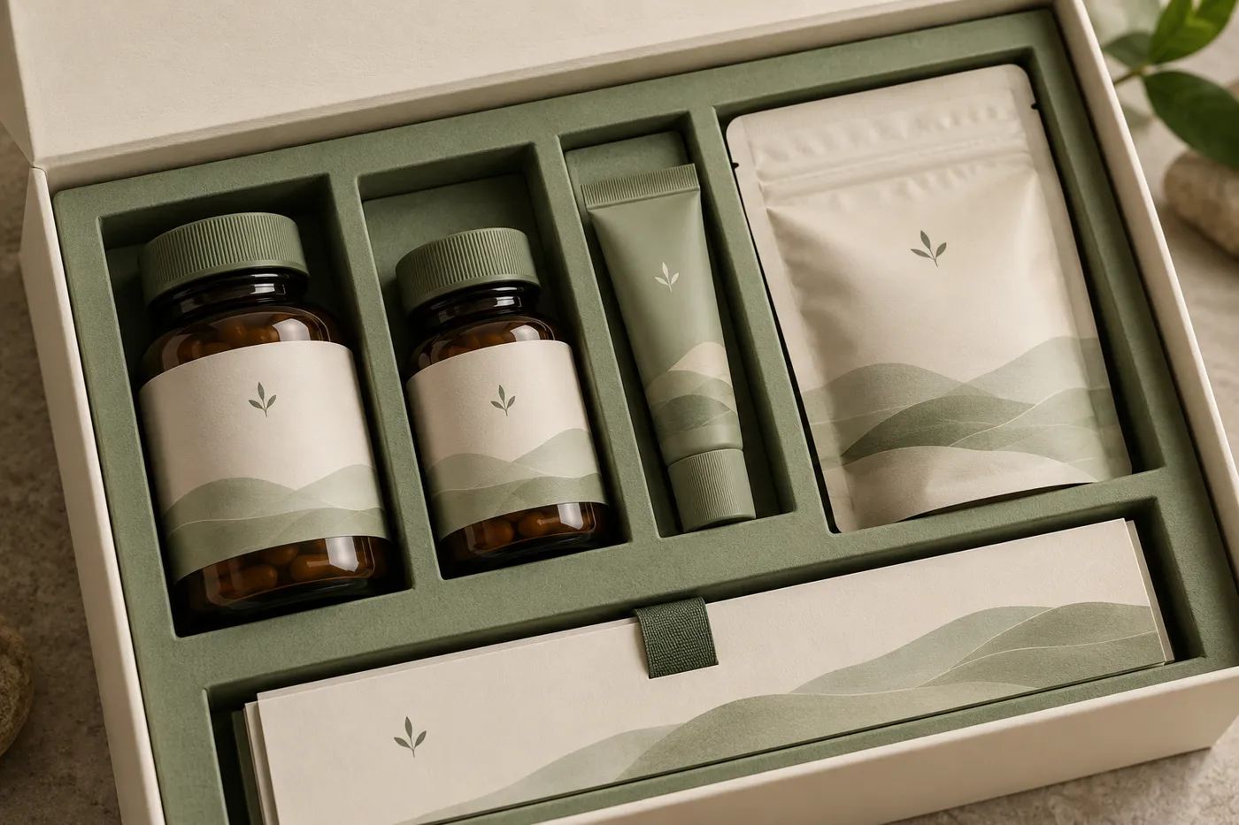 Close view of a sage insert separating wellness kit products and guide.