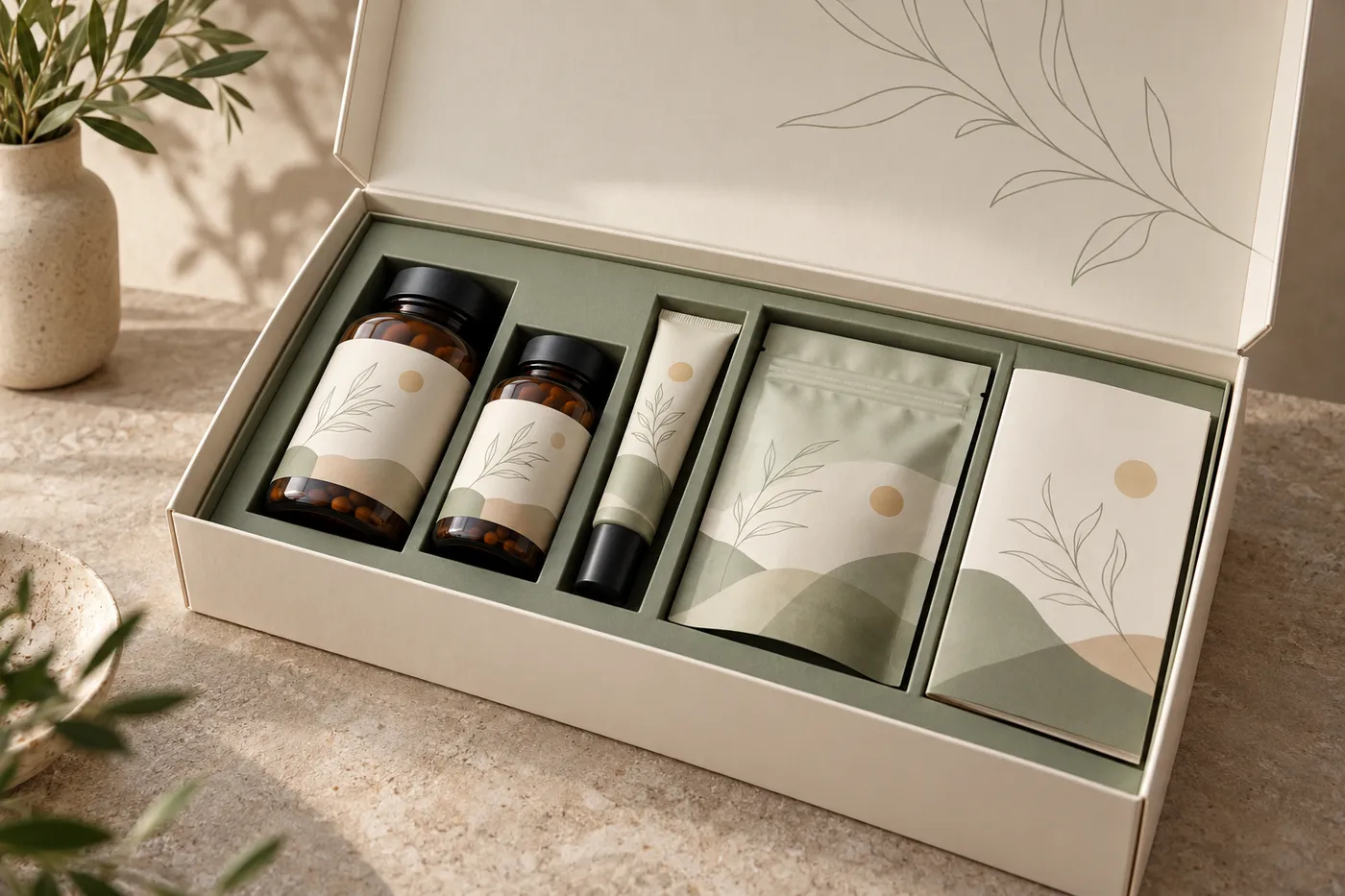 Open ivory wellness kit box with amber bottles, topical tube, pouch, and routine guide.