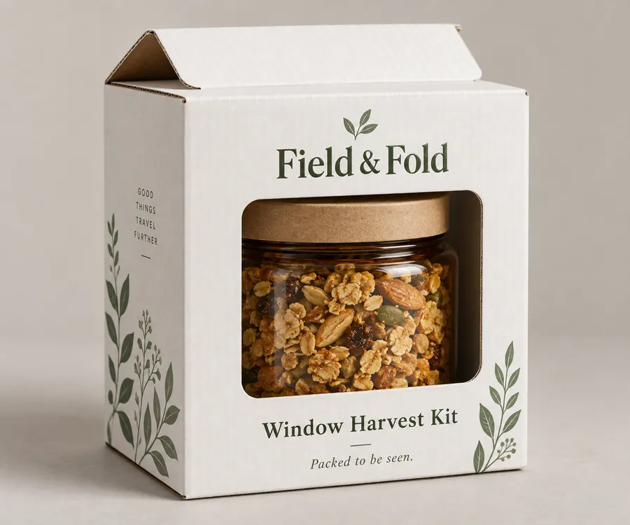 White corrugated box with die-cut window, green print, and granola jar