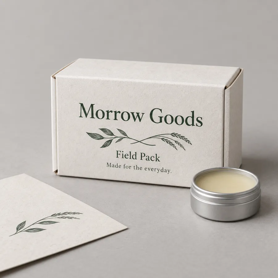 White kraft folding carton with green Morrow Goods print beside a small balm product