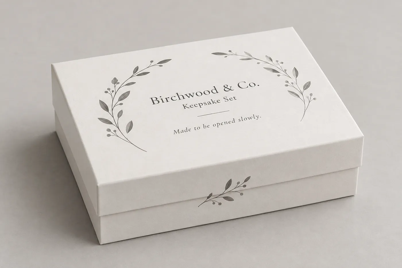 Closed white rigid gift box with charcoal botanical print and lift-off lid