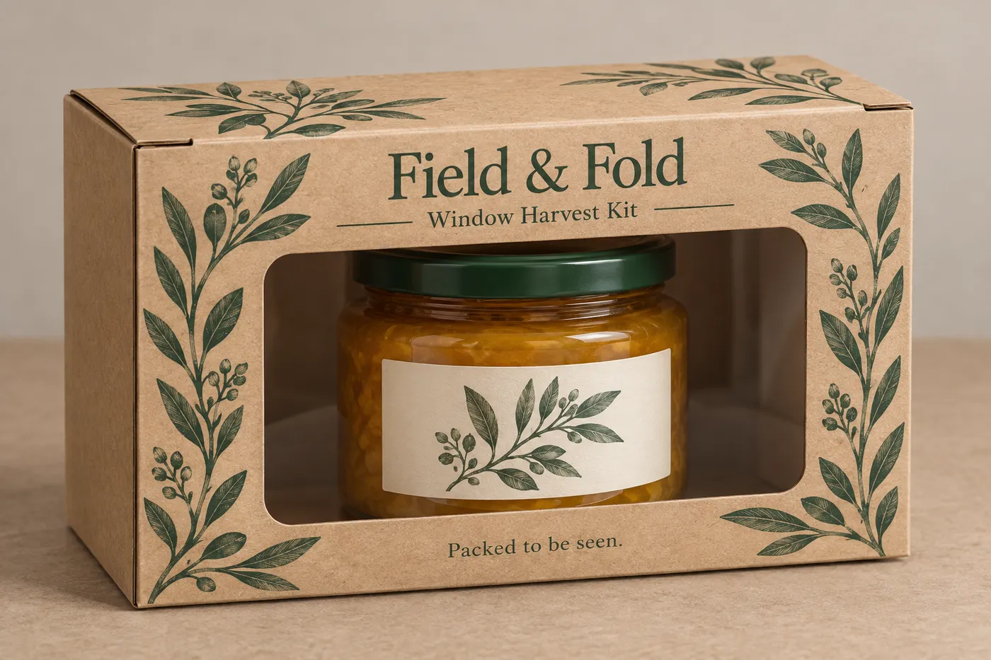 Kraft corrugated box with a clear front window showing an amber jar and printed green botanical frame