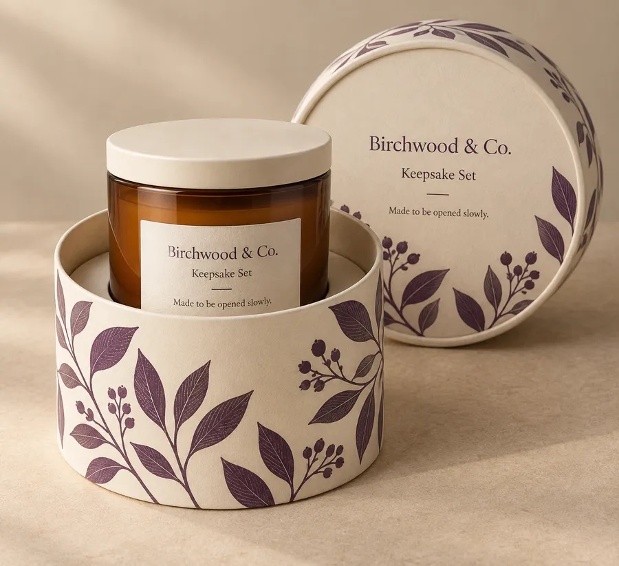 Open cream cylinder gift box presenting an amber candle jar with lift-off lid