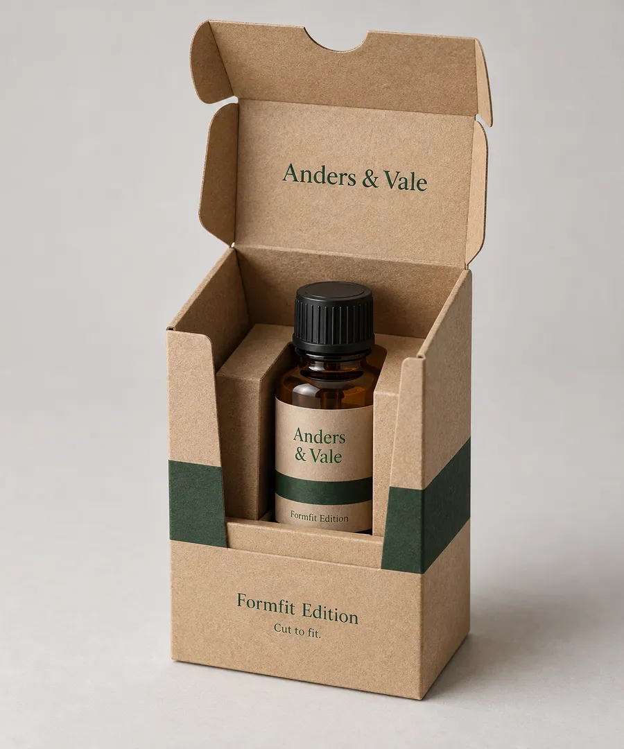 Custom die-cut cardboard carton with an amber bottle in its internal tray