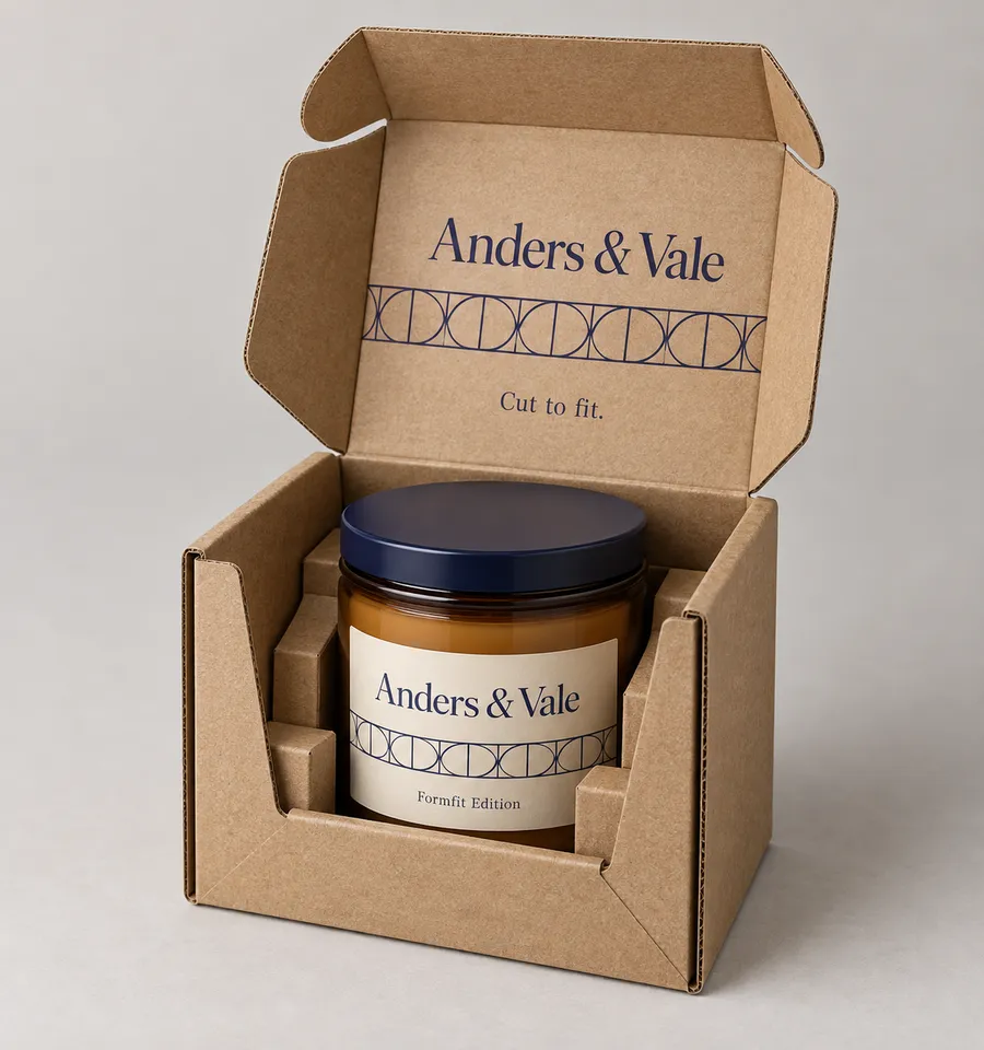 Open kraft die-cut corrugated box with an amber candle jar in folded support