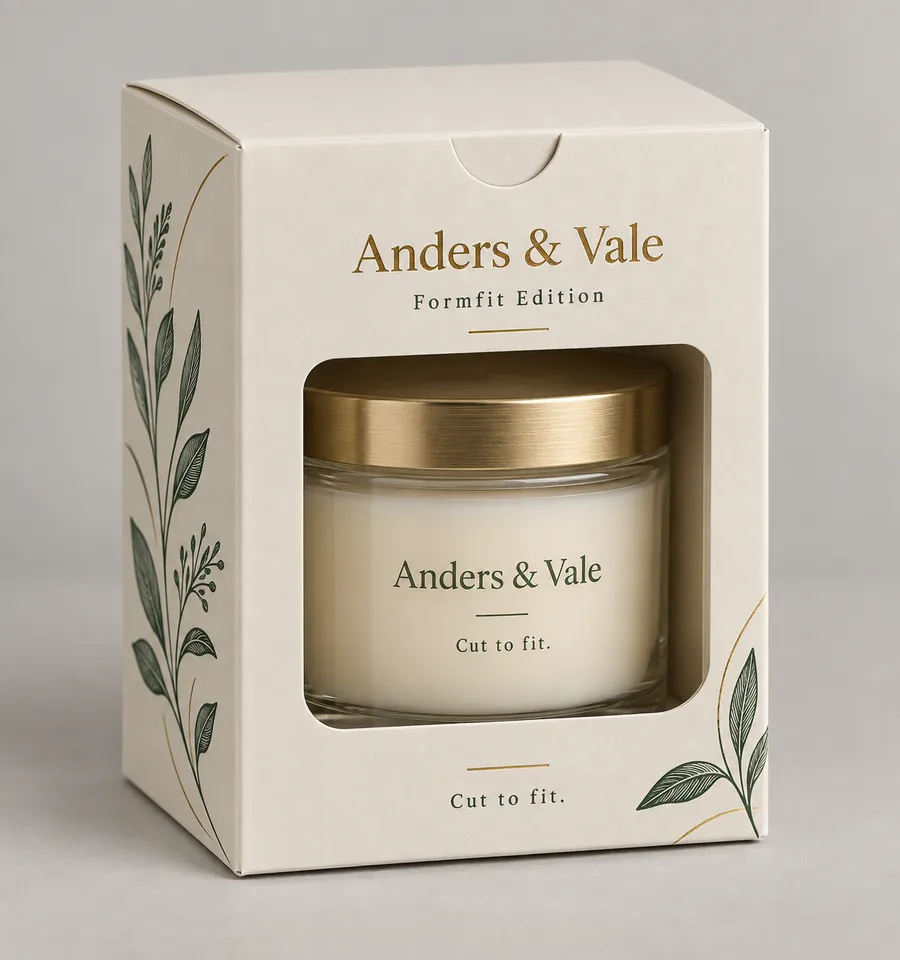 Ivory die-cut gift box with botanical print, front window, and candle jar visible inside