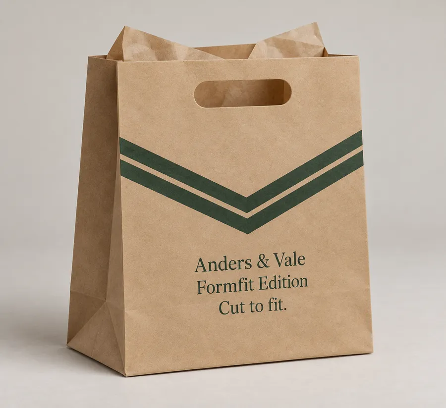 Kraft paper bag with a die-cut handle opening and printed branding