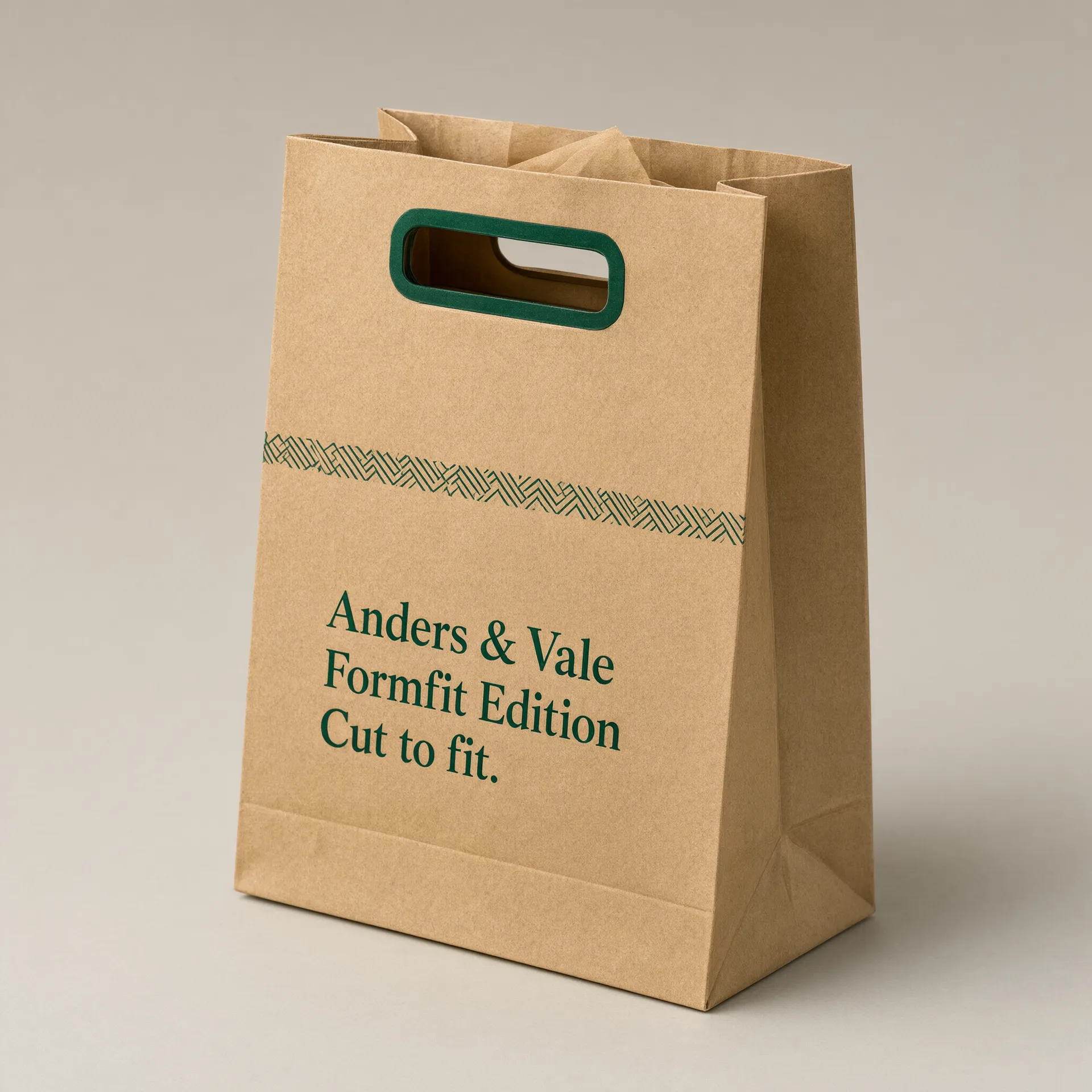 Kraft paper bag with a die-cut handle opening and printed branding