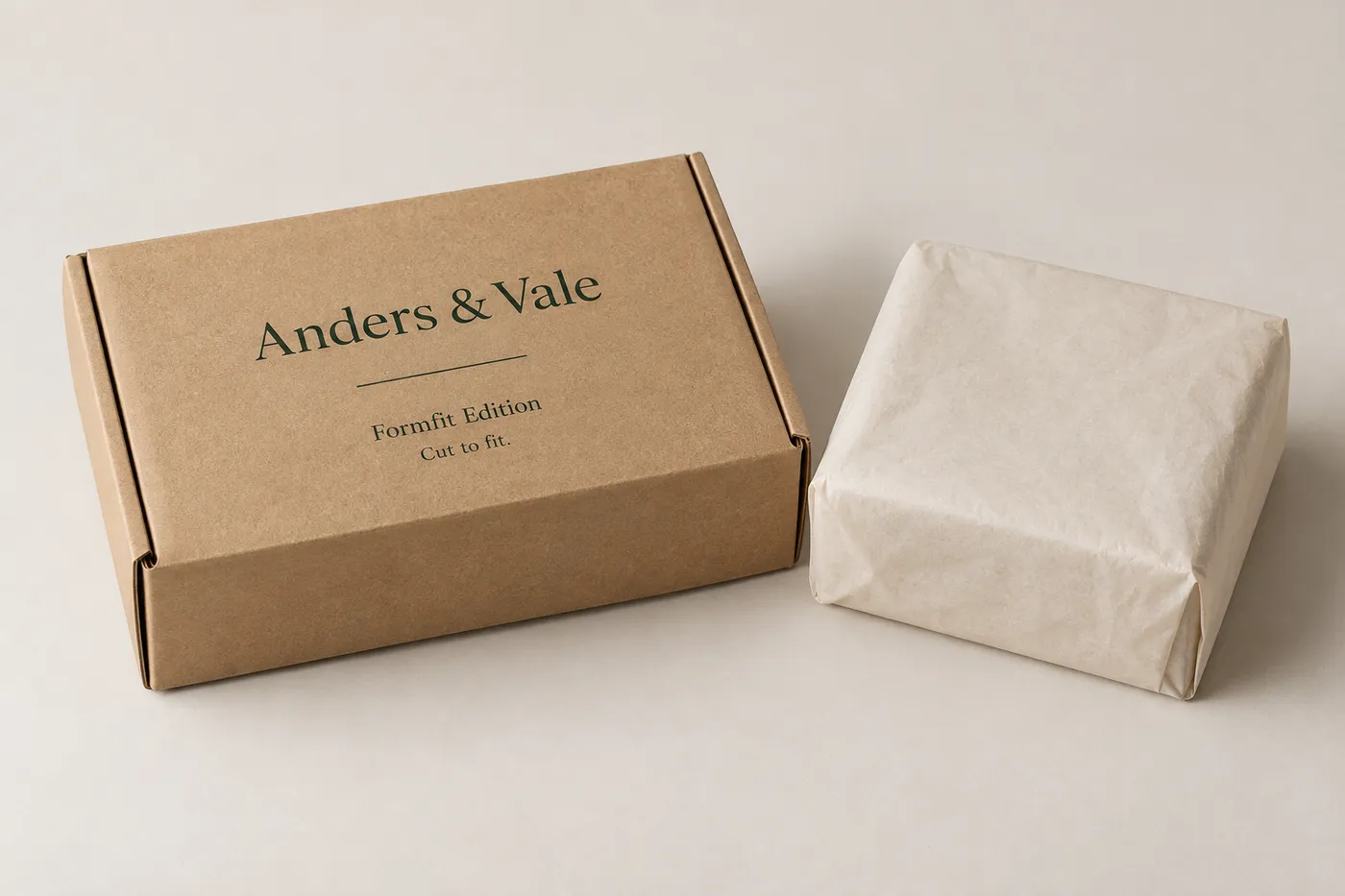 Closed kraft die-cut mailer box with a small tissue-wrapped parcel beside it