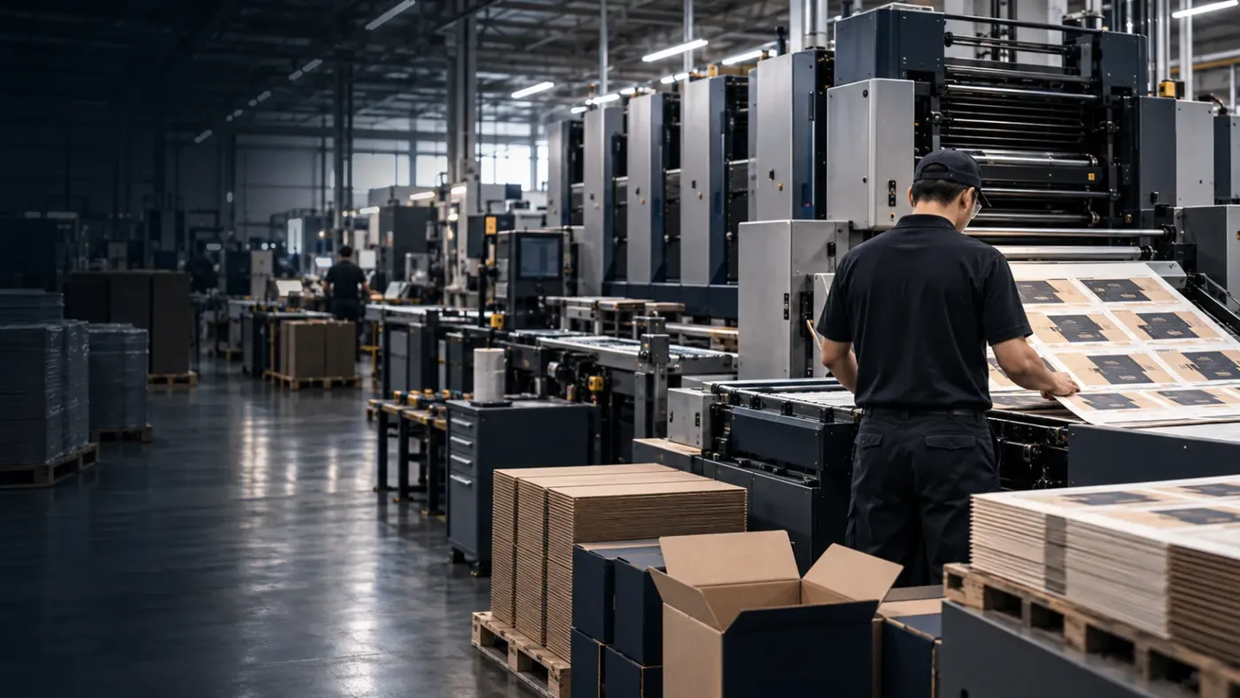 Packaging operator reviewing printed carton sheets beside a commercial printing press