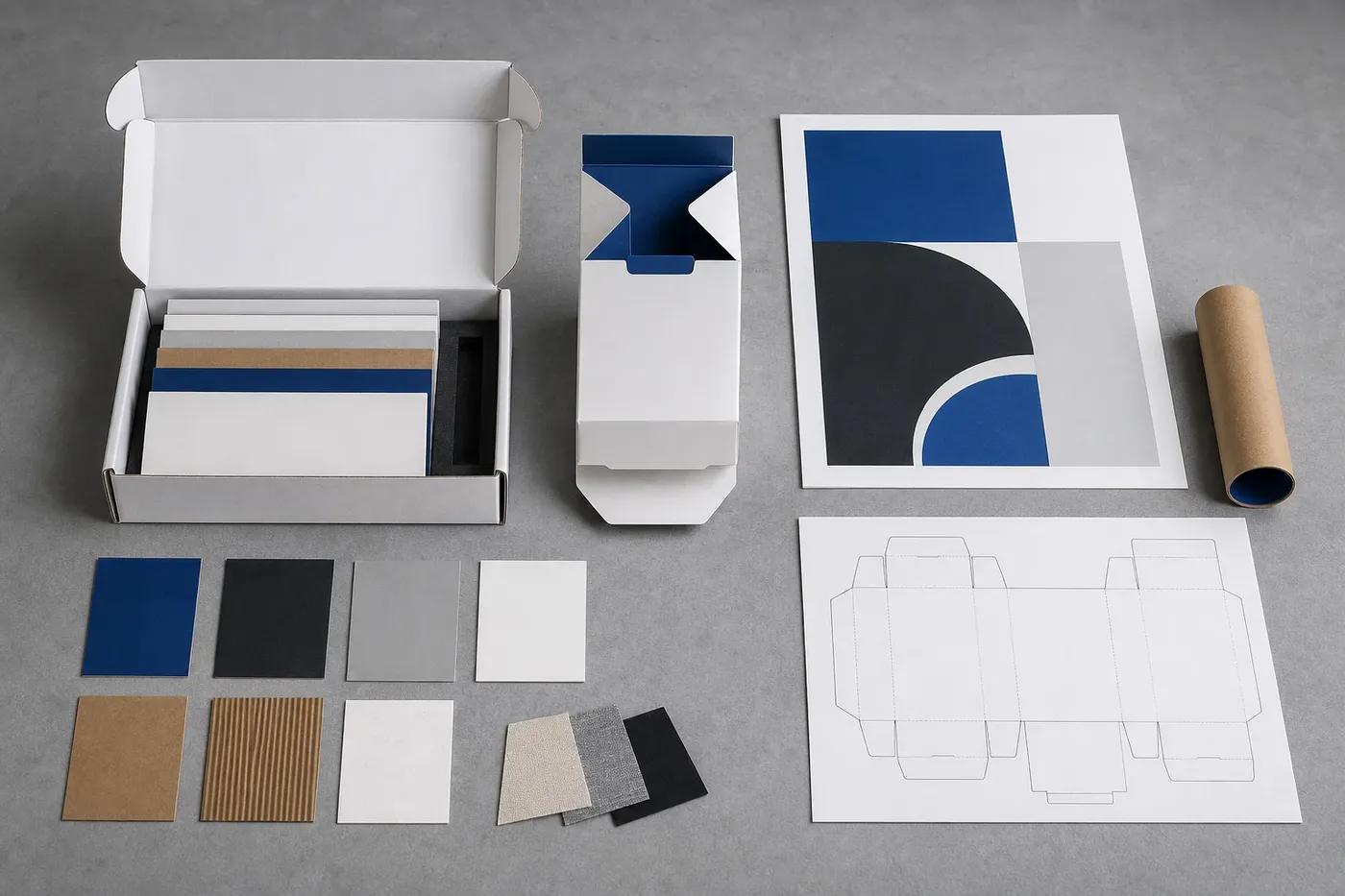 Easybox packaging sample, material swatches, structural prototype, artwork proof, and dieline