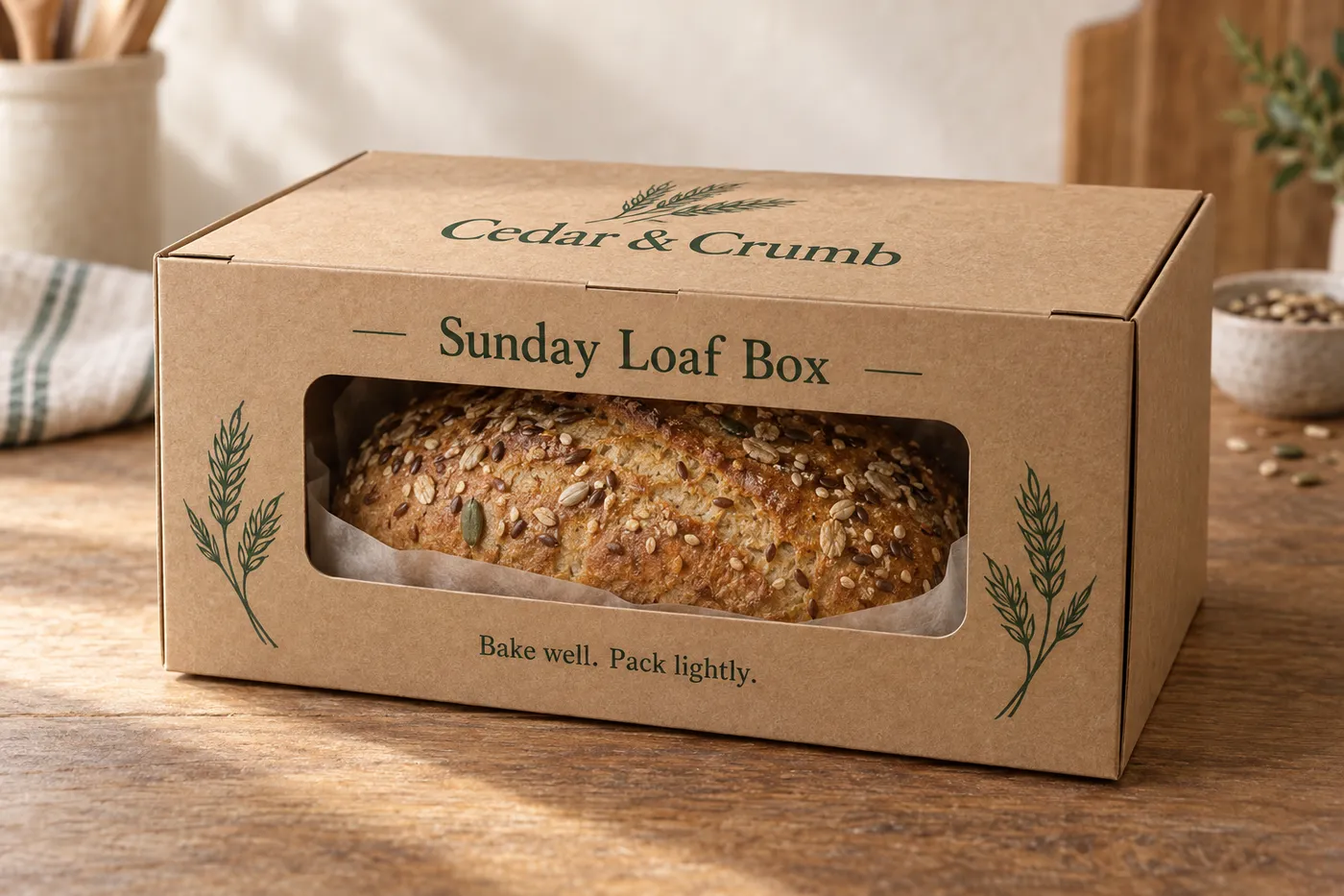 Printed kraft bakery carton with a window showing a seeded loaf on a parchment liner.