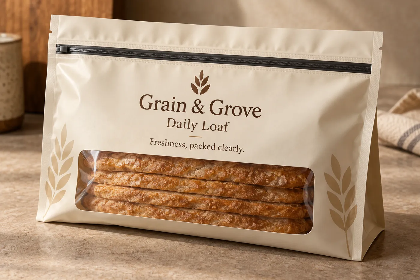 Printed warm ivory flat mylar bag holding a flat bakery fill with its zipper and gusset visible.