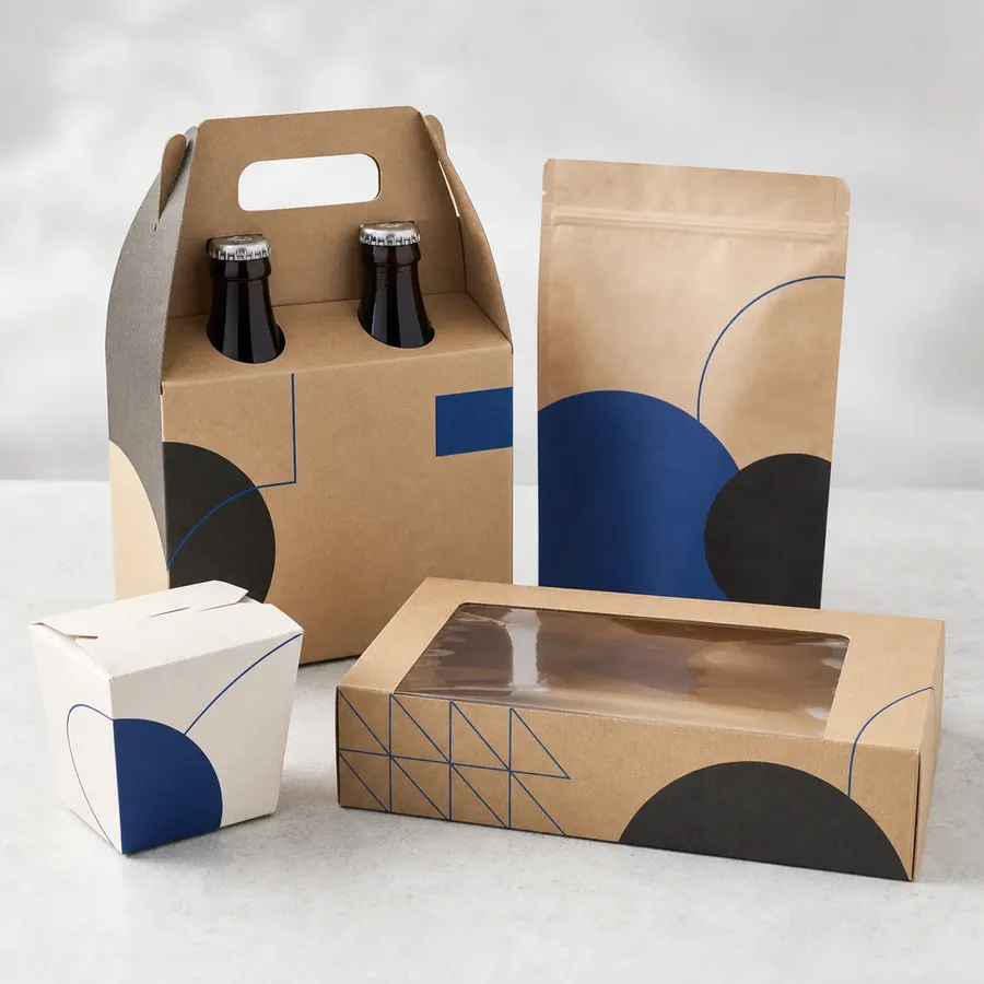 Kraft food and beverage carriers, pouches, and window cartons on a light studio set