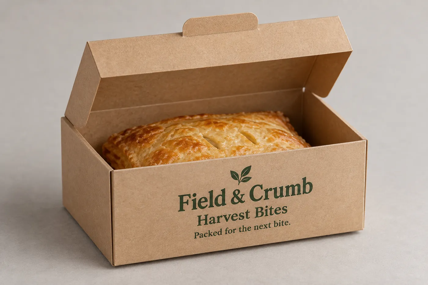Printed kraft food box with a pastry portion and fictional Gather and Grain branding