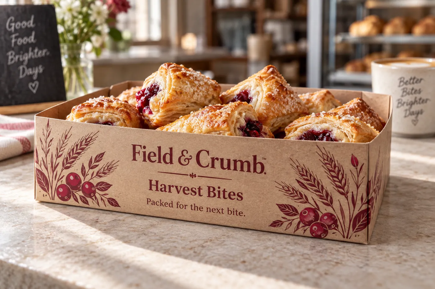 Printed food sleeve wrapped around an open bakery tray with a visible branded front panel.