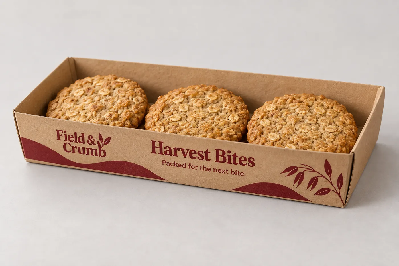 Printed kraft food tray with folded corners and biscuits visible above the shallow base