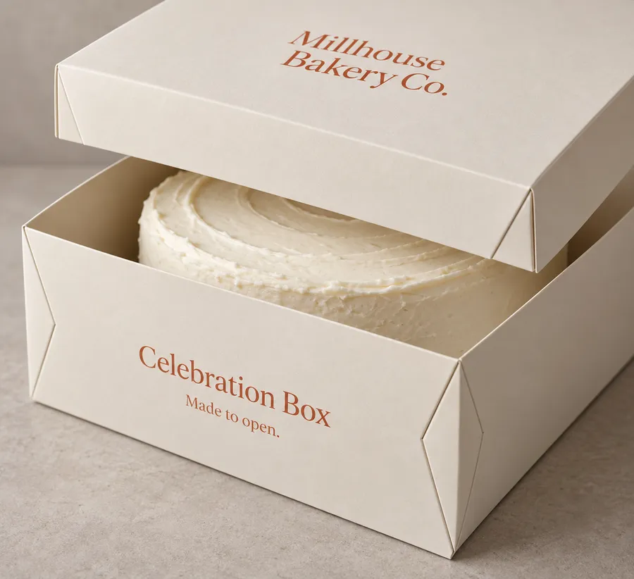 Four Corner Cake Boxes showing the cake box closure and board material detail