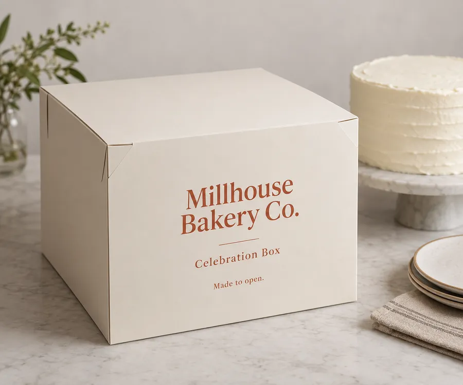 Four Corner Cake Boxes with a closed printed cake box on a neutral studio surface