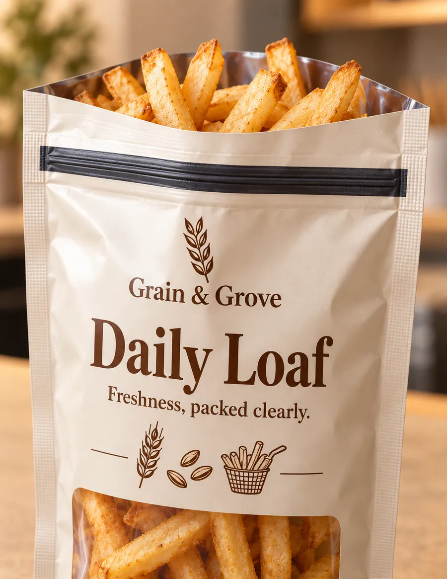 Close detail of a matte printed fry pouch showing the zipper, seal margin, and grain artwork.