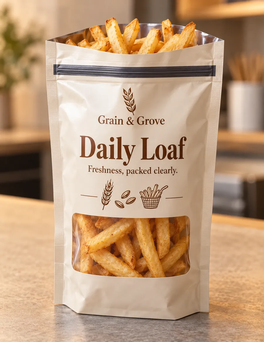 Printed warm ivory fry bag with a zipper, clear window, and golden fries inside.