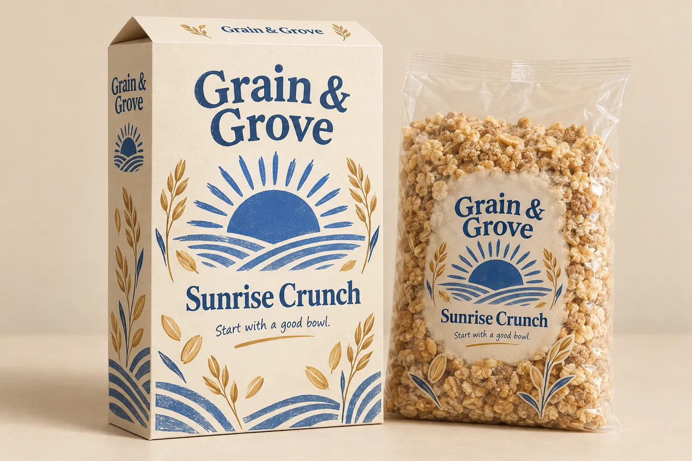 Funny Sunrise Crunch cereal carton with open flap and sealed oat bag