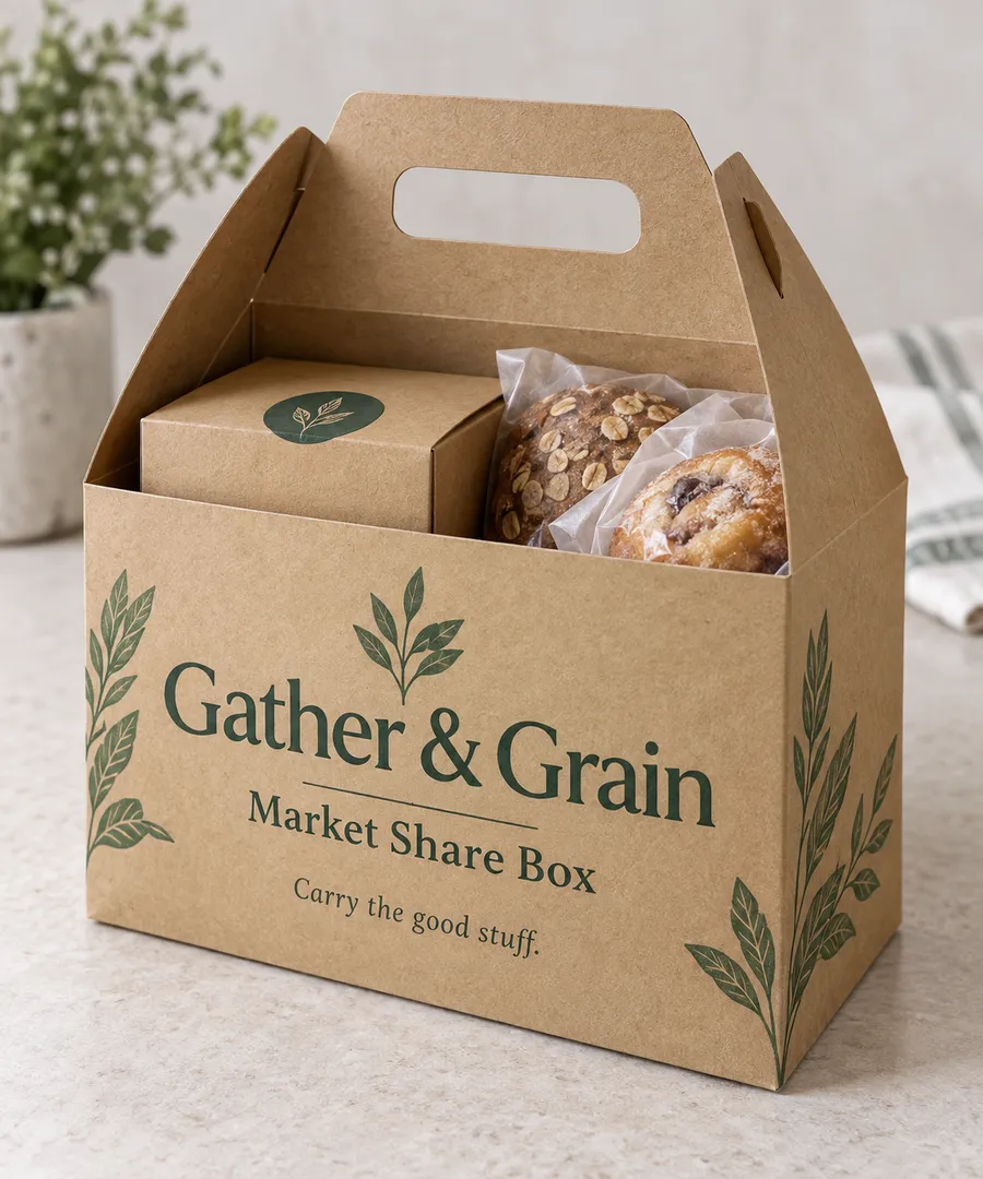 Printed peaked gable bag with an integrated handle carrying a small bakery carton and wrapped pastries.