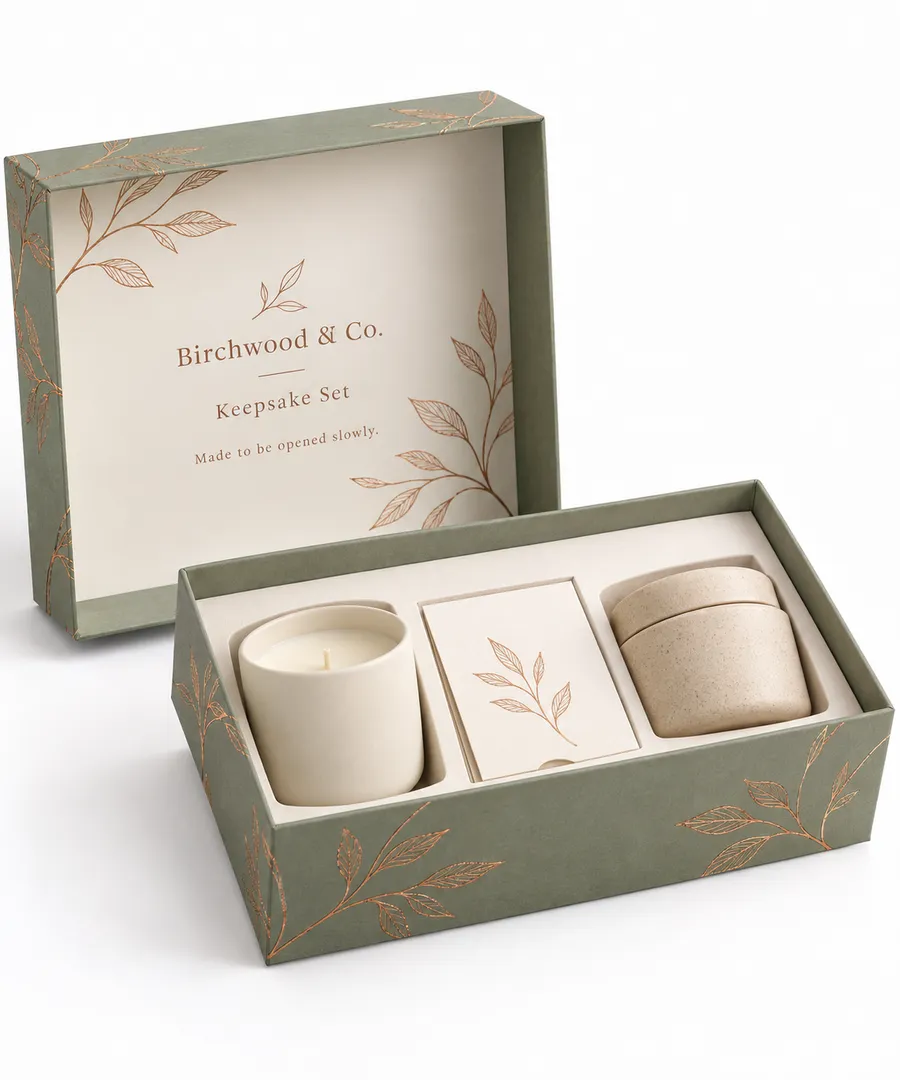 Open sage green rigid gift box showing a candle, card, and jar in a fitted tray