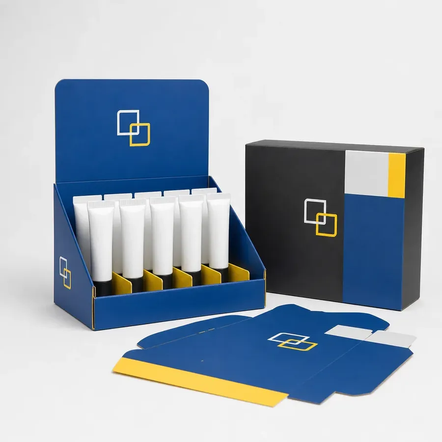 Cobalt Easybox counter display holding cosmetic tubes
