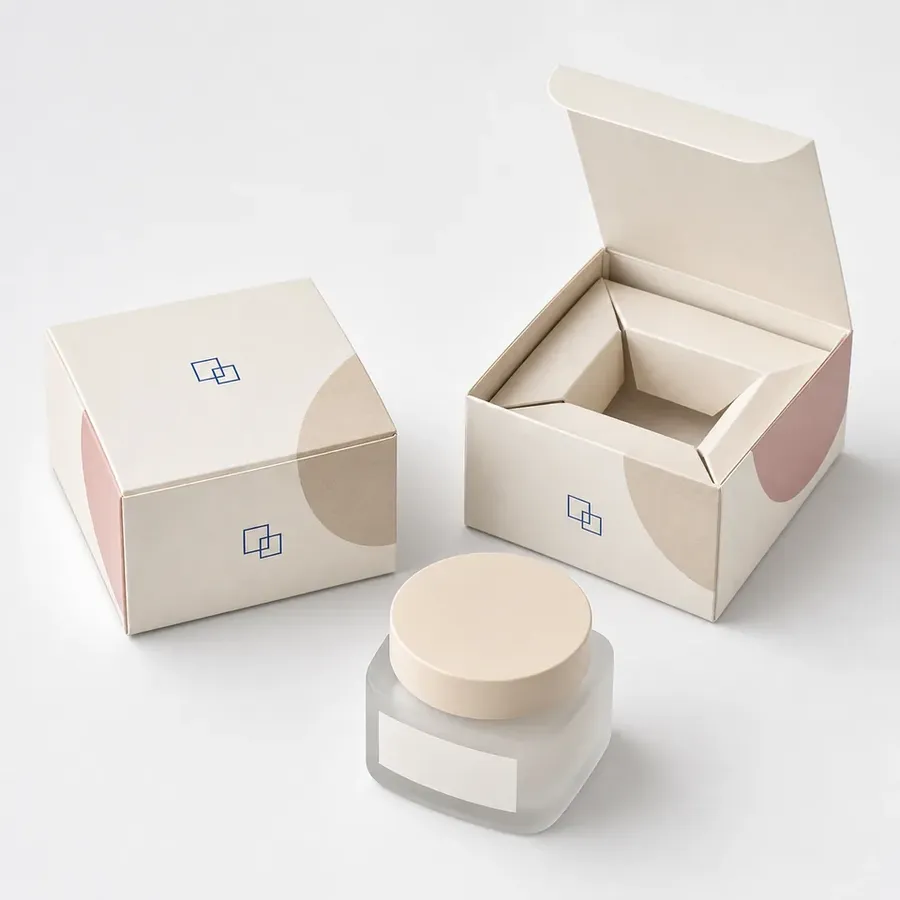 Easybox cream jar cartons with a folded paperboard cradle