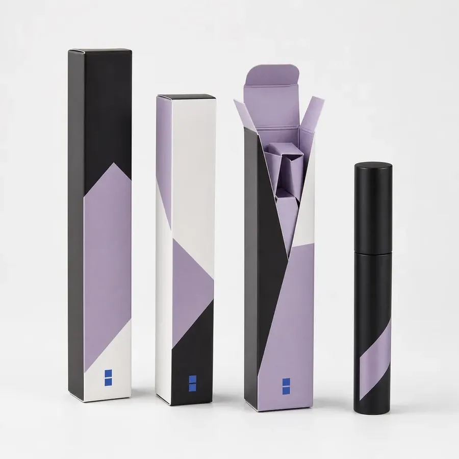 Easybox mascara cartons with matte black and lilac artwork