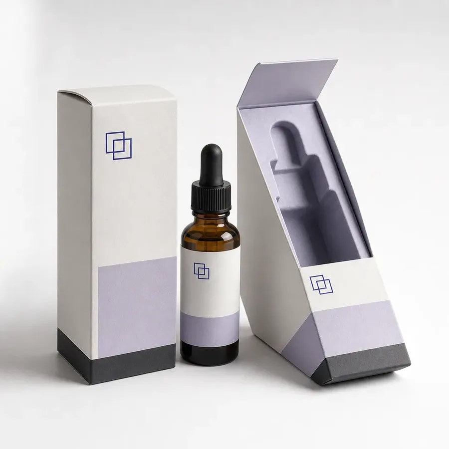 Easybox serum bottle cartons with a fitted paperboard insert