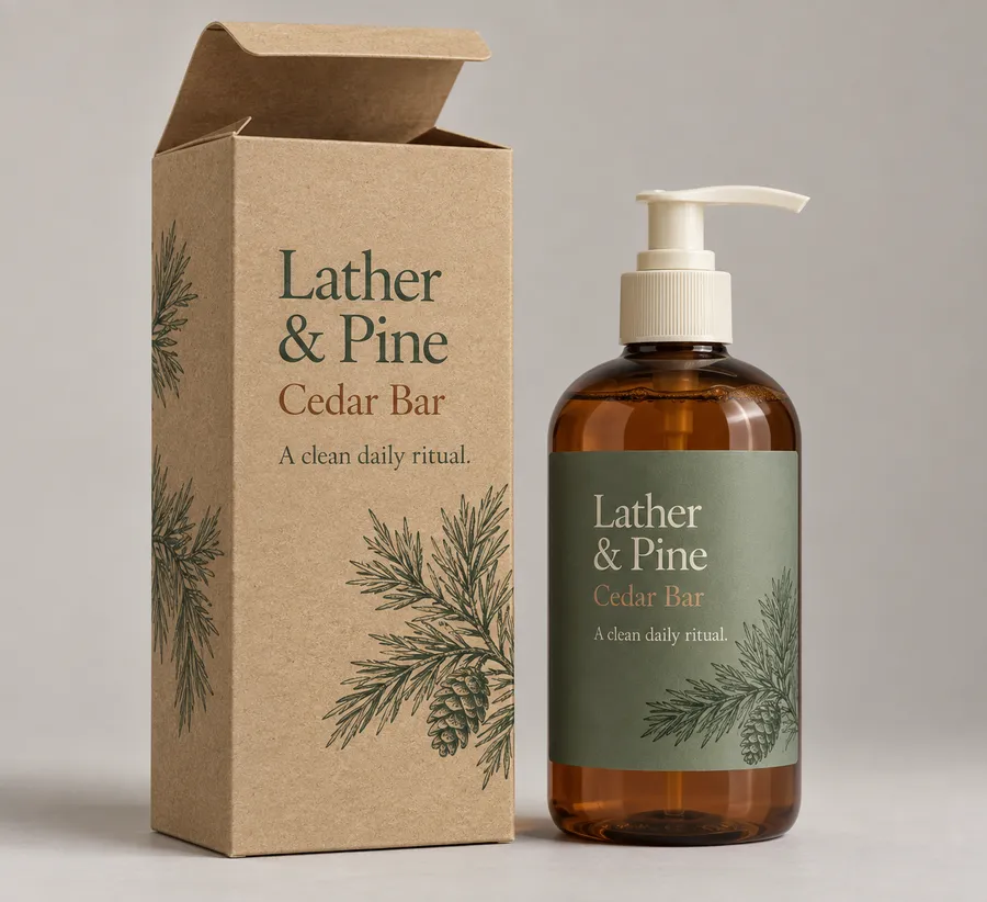 Natural kraft hand-soap bottle box with cedar print, tuck flap, and amber pump dispenser