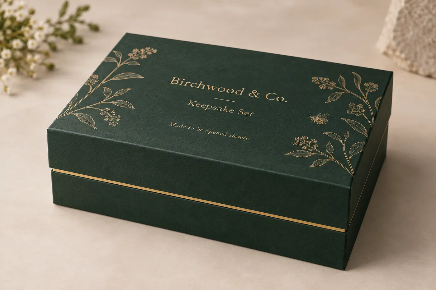 Closed custom honey gift set box with a deep green printed lid and honey-gold accents