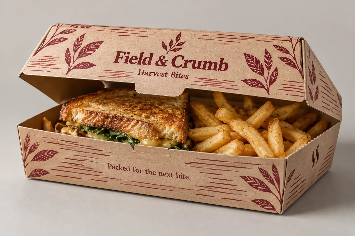 Printed kraft tuck-top hot food box holding a toasted sandwich and fries