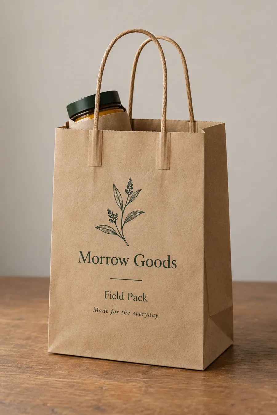 Brown kraft paper bag with green print, twisted handles, and an amber botanical jar