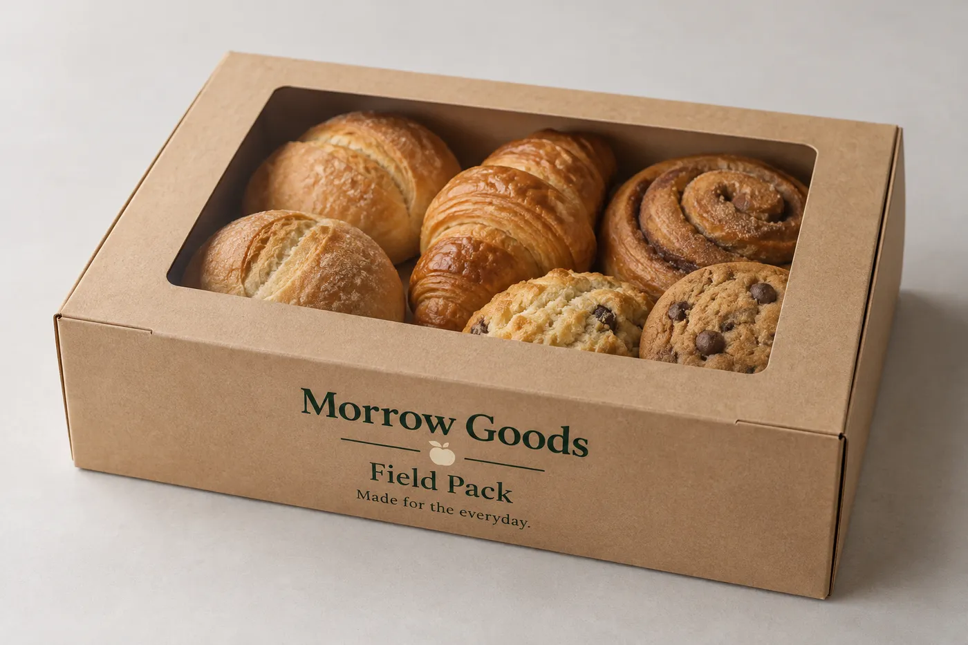 Natural kraft bakery box with a window showing assorted bread, pastries, and cookies