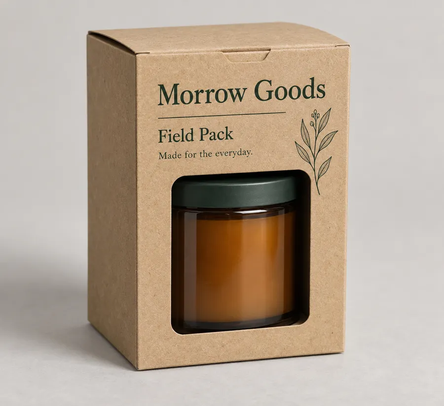 Kraft box with window showing an amber candle jar