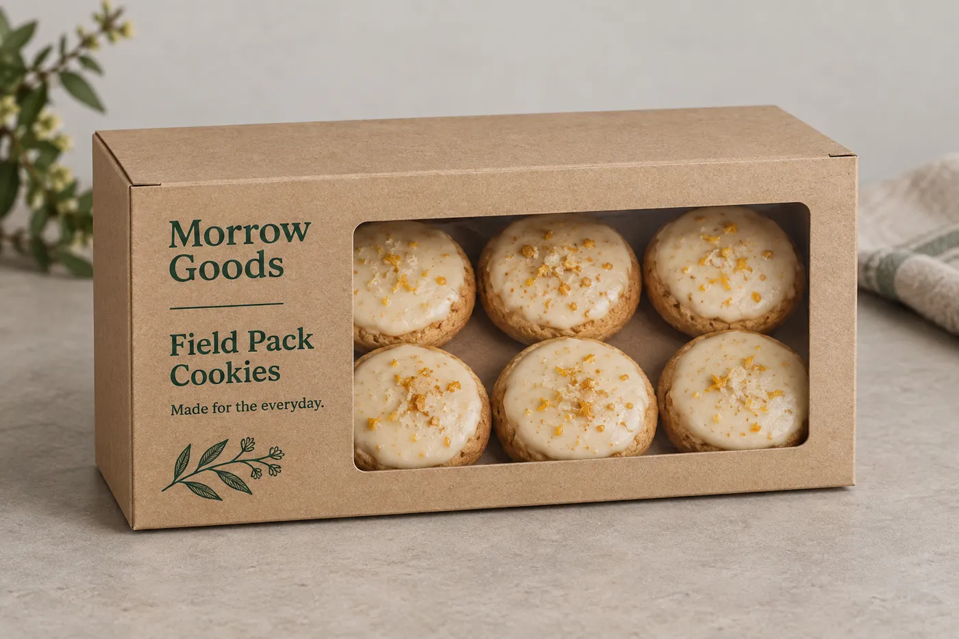 Printed brown kraft cookie box with a window showing six iced cookies