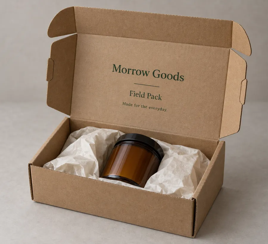 Open kraft mailer box with wrapped candle jar inside