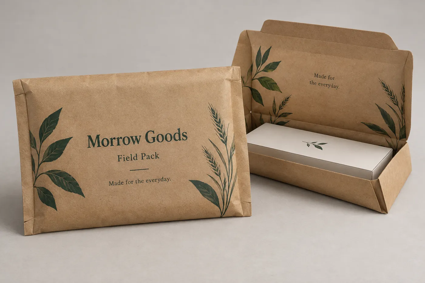 Printed flexible kraft mailer beside an opened mailer holding a slim ivory carton