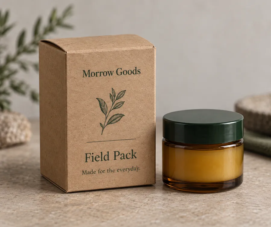 Kraft paper tuck-end box with green print beside an amber botanical balm jar