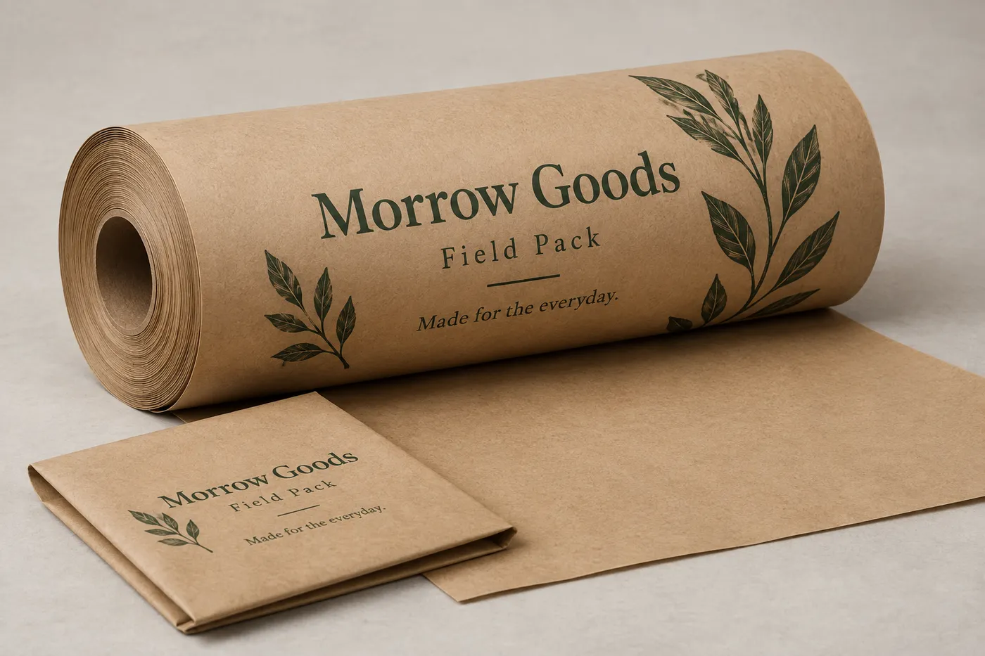 Printed warm-kraft paper roll with a loose sheet and fictional Morrow Goods branding.