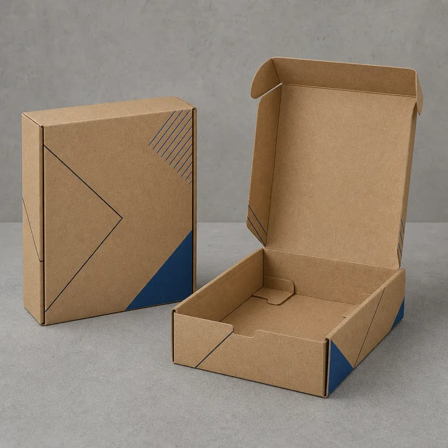 Open and closed natural kraft product cartons with restrained cobalt details