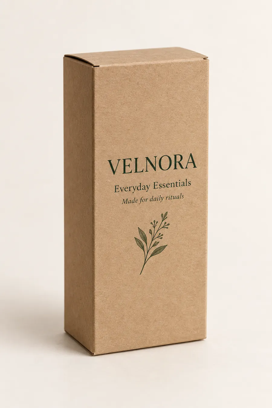 Upright brown kraft product carton with forest-green VELNORA demonstration branding.