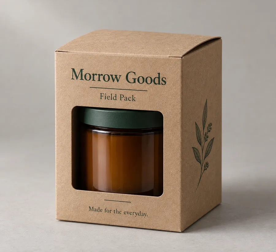 Kraft window box showing an amber candle jar