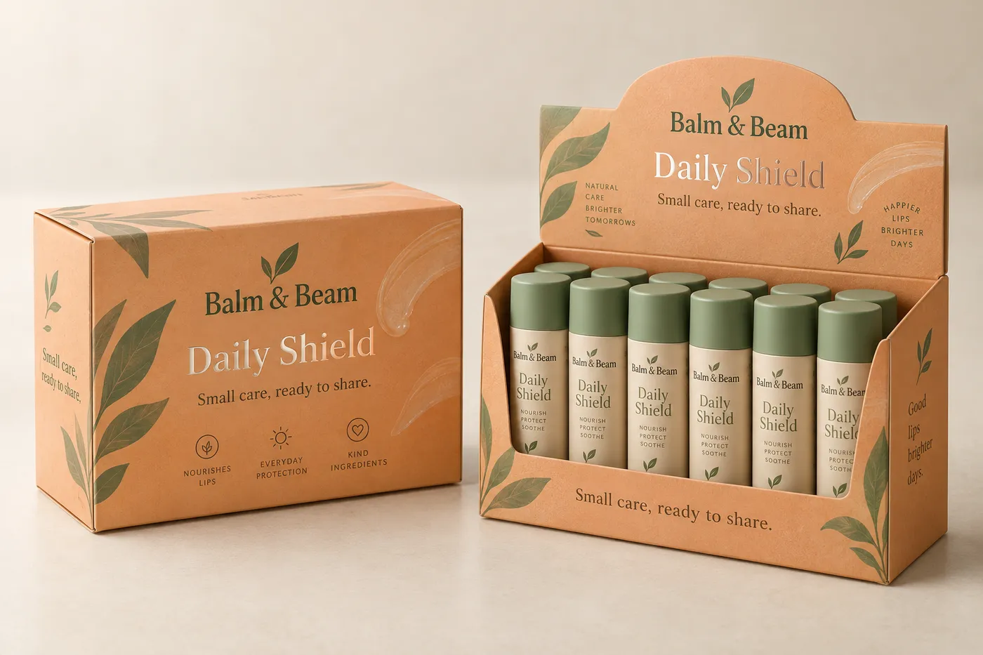 Apricot lip balm display box with Balm & Beam branding and capped tubes visible at the front.